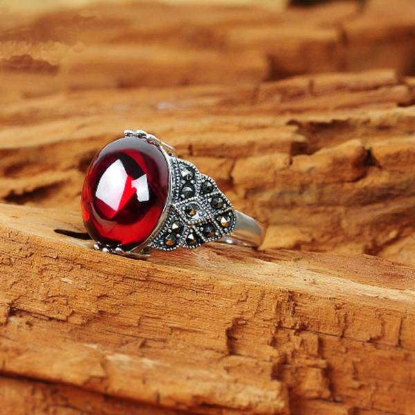 Thai Silver Jewelry Sterling Silver Red Cubic Zirconia Marcasite Ring (R111702)
