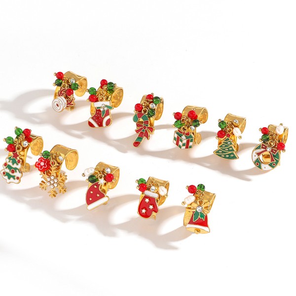 Fashion Popular Stainless Steel Enamel Christmas Tree Stocking Reindeer Snowflake Jewelry Rings 18k Gold Plated Adjustable Ring