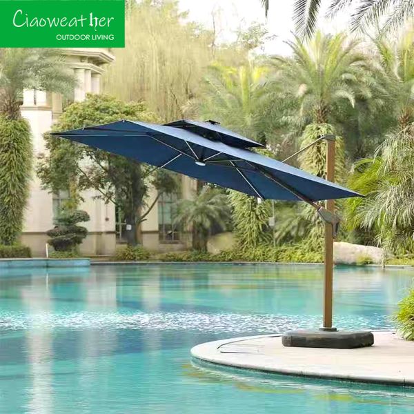 Paraguas a prueba de viento para jardín con marco de teca y cojín de tela resistente al agua de espuma exterior