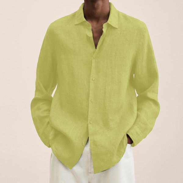2022 Independent Station V Neck Loose Button Cotton Linen Shirt Man Popular Long Sleeved