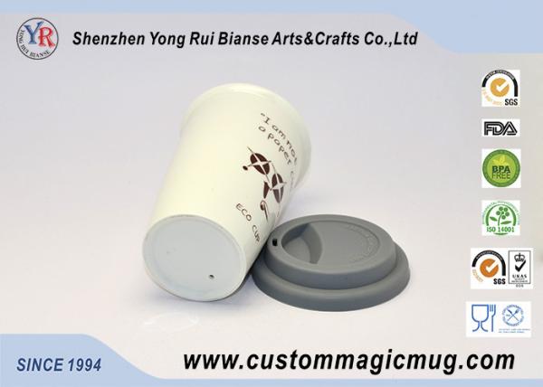 Customizable 350ml Double Wall Ceramic Coffee Mug With Silicone Lid , Starbuck shape