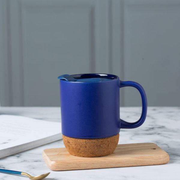450ML Custom Logo Matte Black White Cork Base Ceramic Coffee Travel Mug With PP Lid