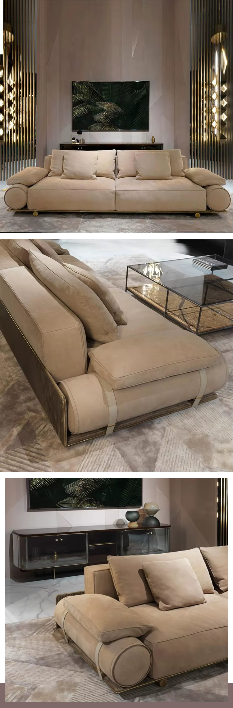 Modern Beige Fabric Sofa With Gold Accents and Soft Cushions