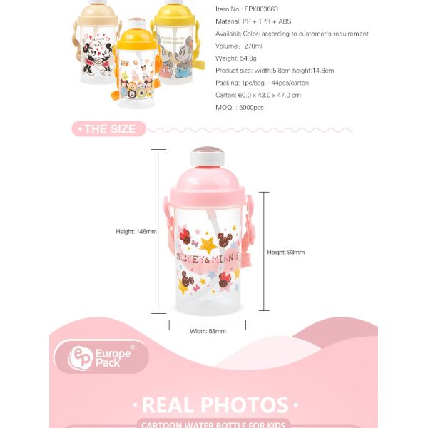 School children bpa free cartoon 270ml drinking bottle plastic kids water bottle with straw