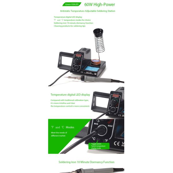 High Power Anti Static Adjustable Temperature Soldering Station Green 926LED 60W