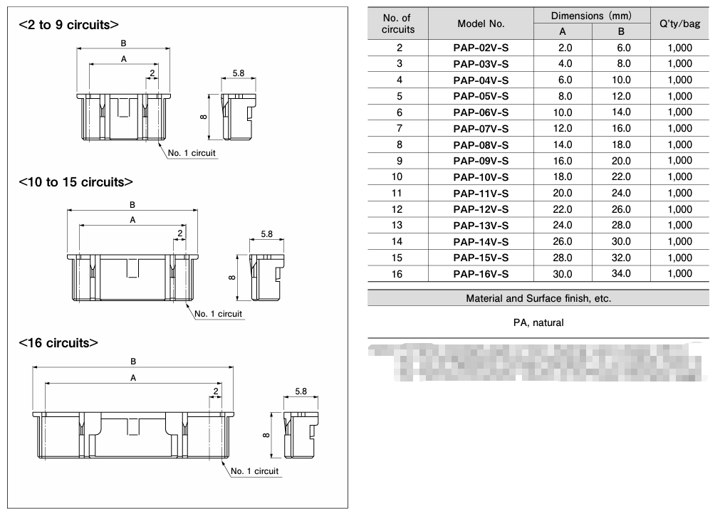 PAP-02V-S 2 Position 2.0mm Pitch Connector Housing PA Series Receptacle Crimp Termination Positive Lock Compact 3A Rating 100V AC for Wire-to-Board and High-Density Apps