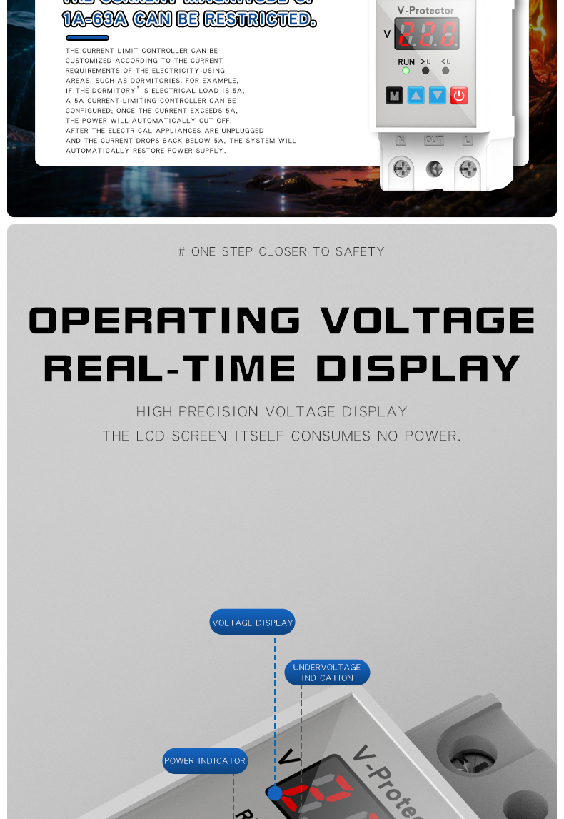 ZS1-V-63a single-display over/under voltage protector, adjustable self-resetting current-limiting protector, overcurrent 43A, overvoltage 220V