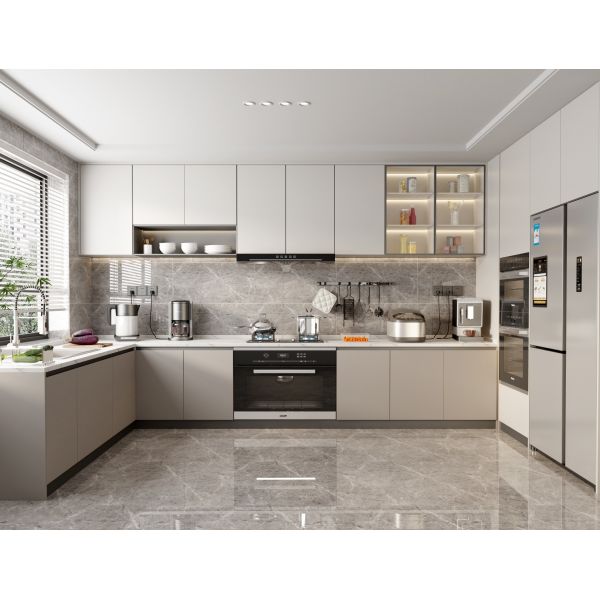 Modern Style Straight Line Kitchen Cabinets With Island In White Particle Board