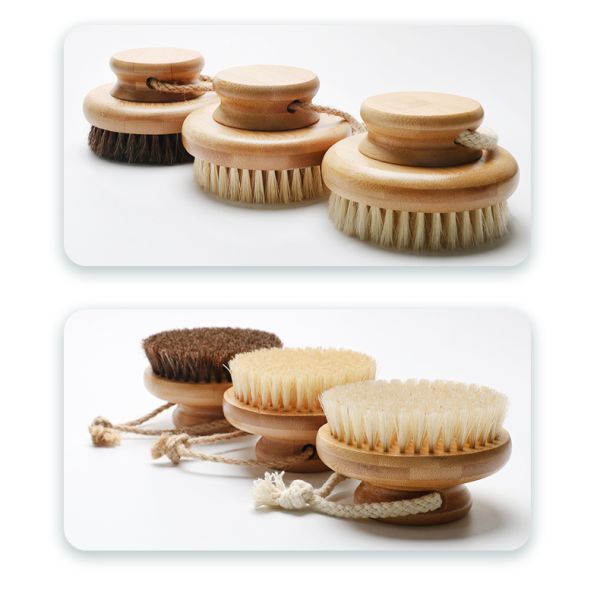 Natural Bamboo Body Dry Exfoliating Brush White Horse Boar Bristle Shower Brush