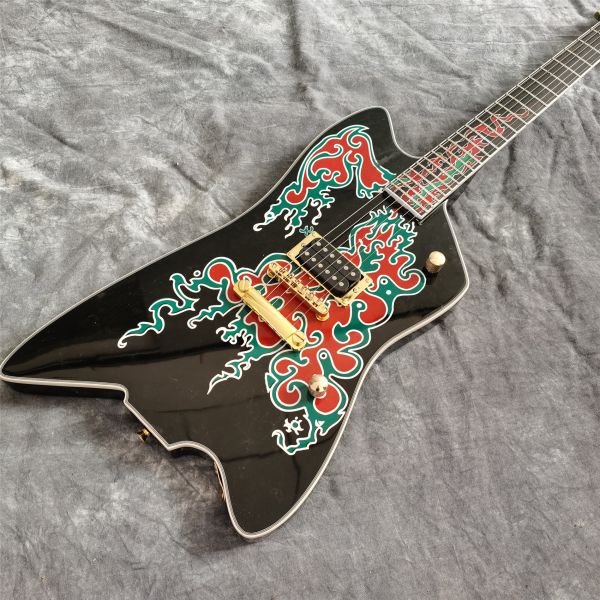 Custom New 6 Strings Black Electric Guitar with Fire Inlays Fingerboard Gold Color Hardware