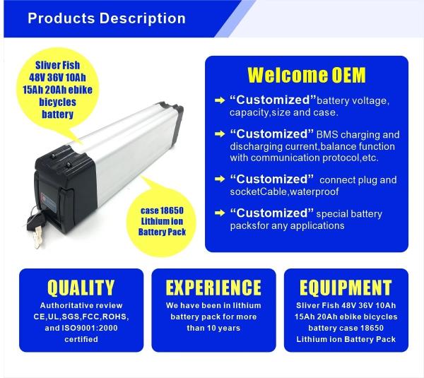 Customized 18650 Electric Bike Battery Pack Rechargeable Silverfish 36v 10ah 48V
