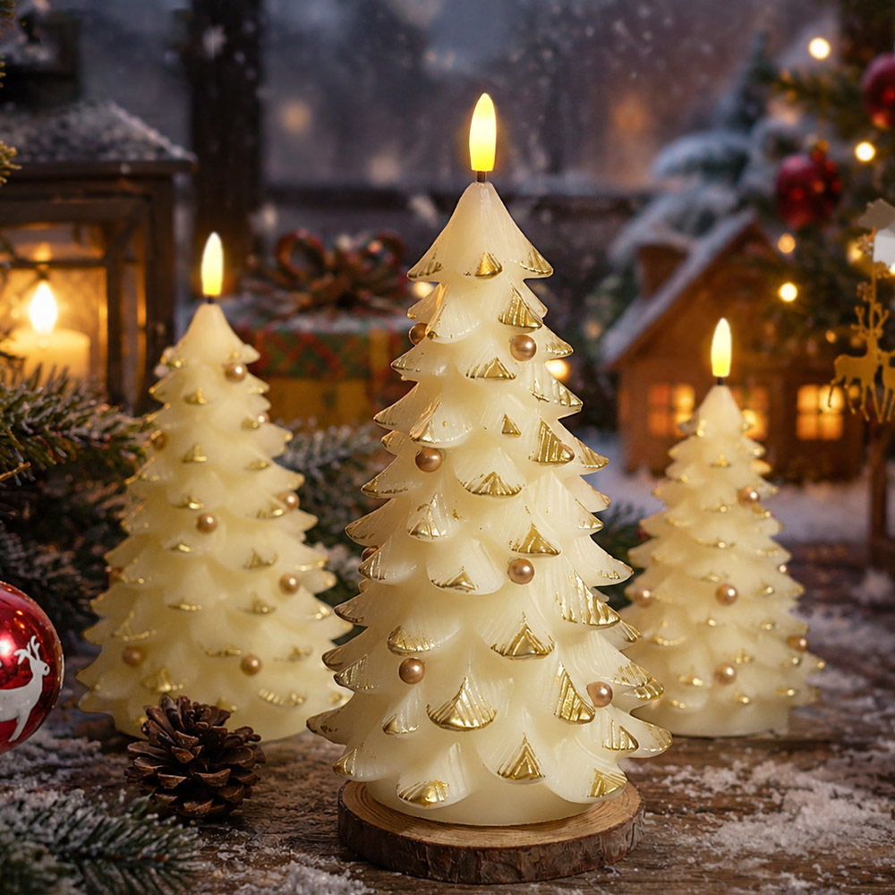 Gold Christmas Tree Flameless LED Candle with Remote Control Real Wax Flickering LED Battery Operated Candle