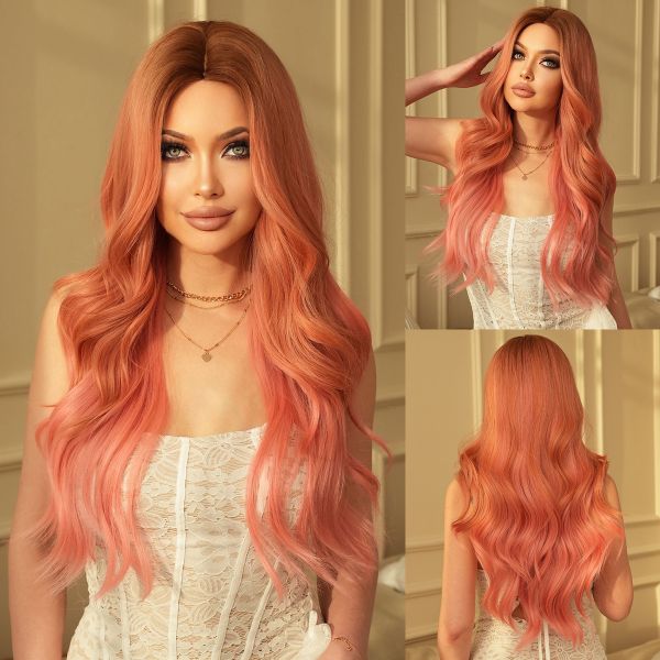 Fashion Long Body Wave Dark Root Hair Pink Synthetic Wigs For Women