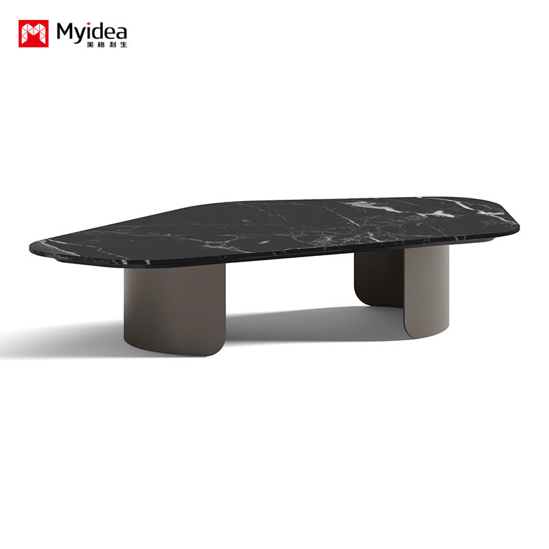 Commercial Office Coffee Table with Marble Surface and Metal Base, Stylish Center Table for Reception Area & Waiting Room