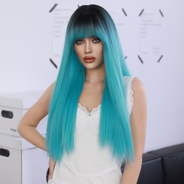 Fashion Long Straight Dark Root Hair Blue Synthetic Wigs For Women