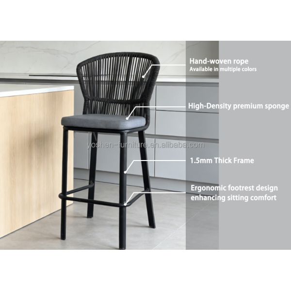 Outdoor Courtyard Rope-woven High-legged Bar Stool, with Backrest, Waterproof and Sun-resistant