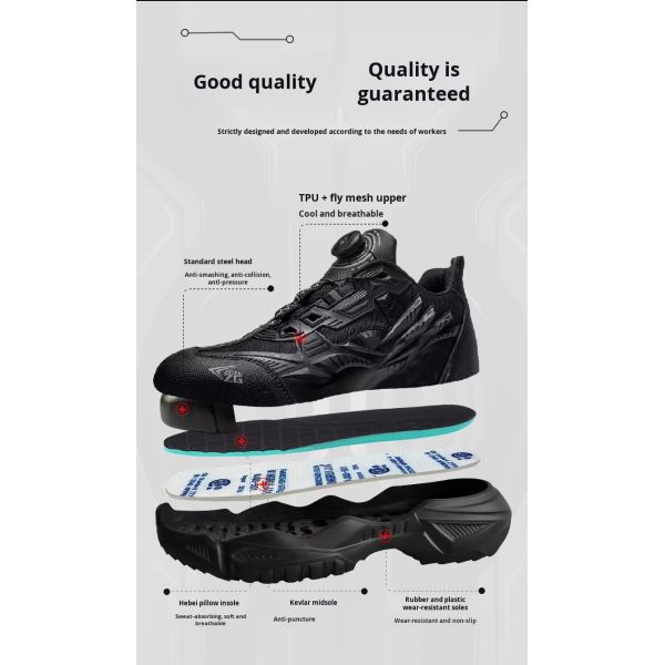 Zapatos de seguridad industrial BOA Botón giratorio Zapatos de trabajo EVA Sola TPU Zapatos de punto volador Kevlar Sola media antipuñalada Unhos de acero antiquema