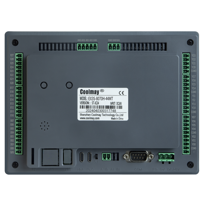 coolmay original brand transistor digital 24di/20d0 7inch EX3S-8070h-44mt with 4AD2DA hmi plc programming all in one FX2N FX3U FX3G automation control customized LOGO