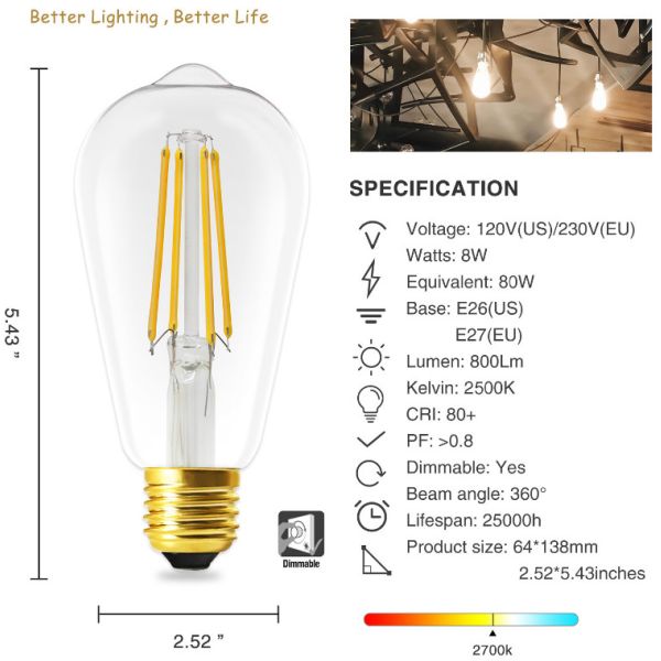 электрические лампочки 1050lm нити шарика 8W ST64 E27 Dimmable Edison декоративные