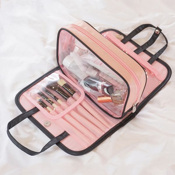 Black Pink Waterproof Cosmetic Bag Foldable Clear Plastic Toiletry Bag Makeup