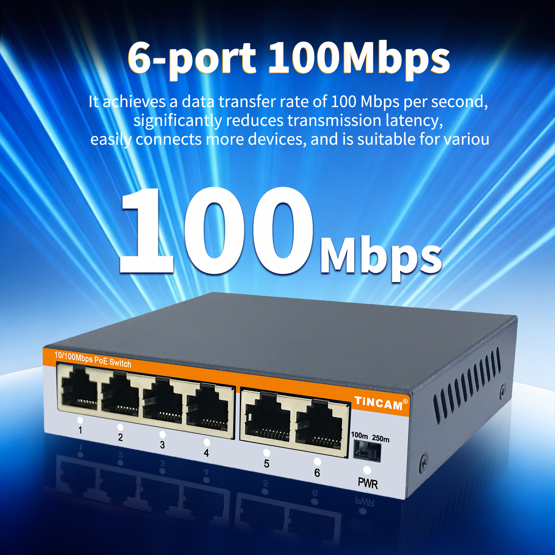 4 Port 10/100Mbps PoE+ Switch with 2 Uplink Ports 48W External Power Adapter IEEE 802.3af/at 250m Extend Mode VLAN– TBC-PS4306E