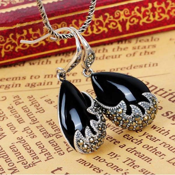 Vintage Sterling Silver Black Onyx with Marcasite Dangle Drop Earrings (E12033BLACK)