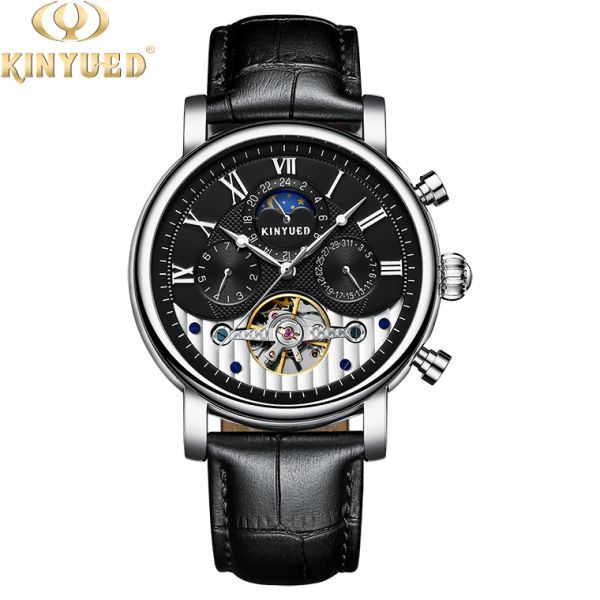 KINYUED moon phase skeleton watch tourbillon mens automatic mechanical watch luxury