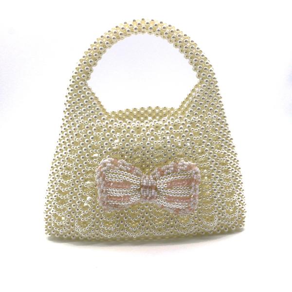 Handmade White Pearl Beaded Bag Bow Flower for Women 22×18×23cm