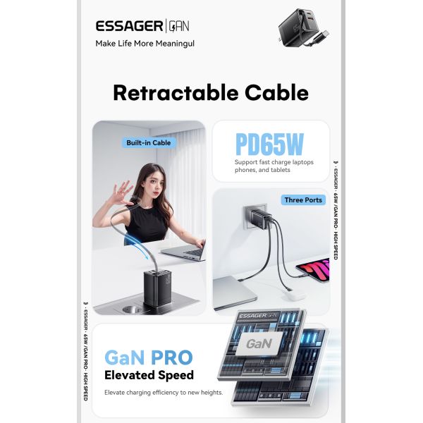 ESSAGER ES-CD49 Series 2 Ports 65W GaN Charger USB Wall Adapter Private Mold and Rated Power 100V-240V AC