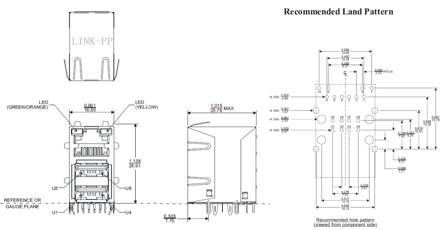 ARJE-0029 RJ45 USB Connector Thru-Hole 100 Base-T RJ45 / Dual USB stacked