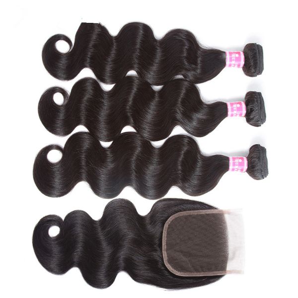 Double Weft Virgin Cambodian Hair Extensions Body Wave Bundles 3 With Closure