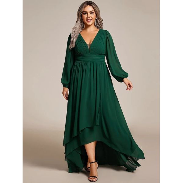 V-neck Plus Size Enchanting Lotus Leaf Lantern Sleeve Pleated Empire High Waist A-line Dark Green Chiffon Prom Dress
