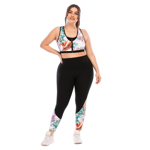 Printing Front Zip Gym Plus Size Two Piece Workout Sets Sleeveless Nylon Spandex