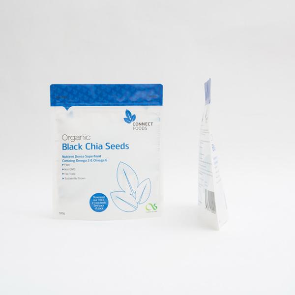 500g Matte PET Stand Up Plastic Bags 123um Black Chia Seeds Packaging