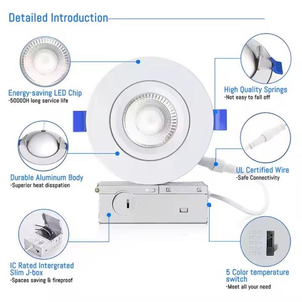 4 Inch Recessed LED Spot Light 5CCT 10W 900LM Rotatable Spotlight With Junction Box