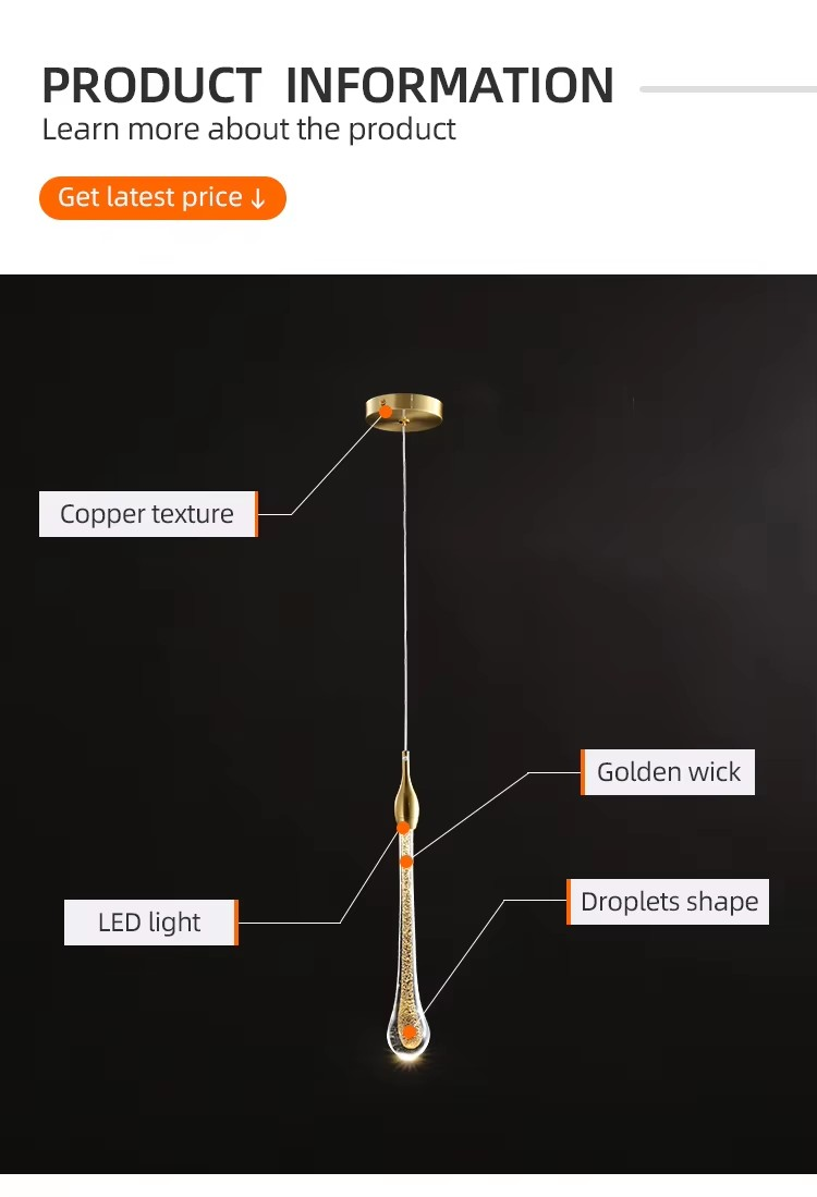 Goutte d'eau de pluie dorée à tête unique Petit lustre luxe de verre de cuivre à LED lampe suspendue Nordique simple lampe suspendue de chevet