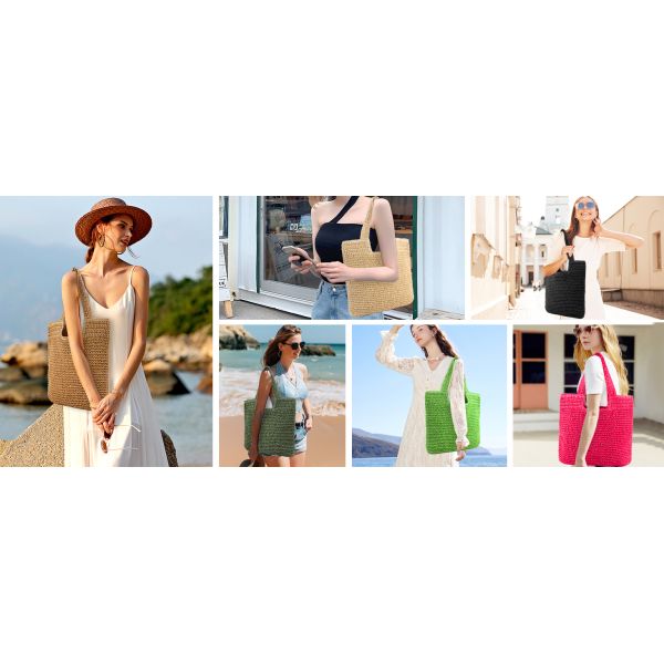 Raffia Crocheted Tote Shopping Bag Handmade Straw Bag Shoulder Beach Woven Handbag Summer Fashion Lady'S Casual Handbags Women'S Straw Shoulder Bags Rattan Woven Top Handle Raffia Crochet Beach