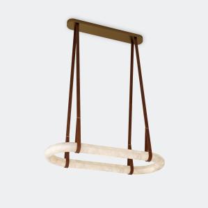 Dimmable Alabaster Hanging Light 100V - 277V Oval Linear Chandelier With Leather