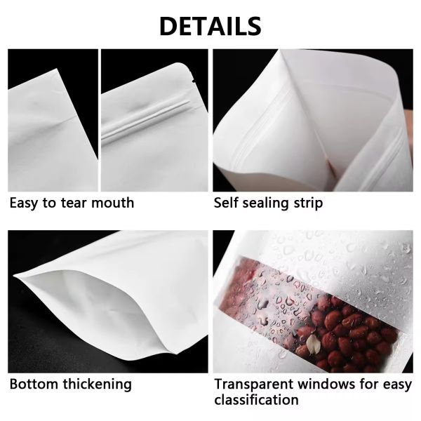 Factory Wholesale White Brown Zipper Tea Coffee Spice Candy Packaging Craft Zip Bag Paper Window Standing up Pouch