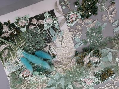 Tela bordada da lantejoula floral verde livre da senhora Dress AZO