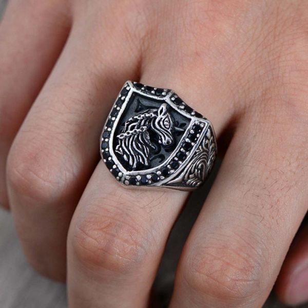 Retro Sterling Silver Engraved Unicorn Pave Black Cubic Zircon Men Ring (043890)