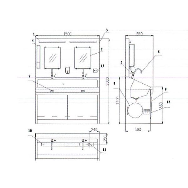 Automatic Soap Dispenser Medical Grade Stainless Steel Sinks Floor Type Mirror Light