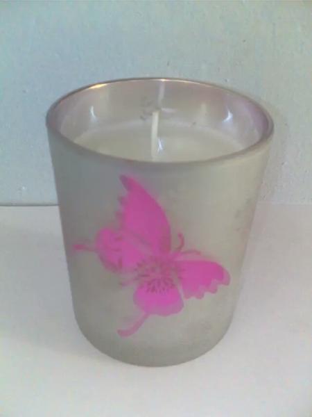 Home decor unscented glass candle printed by  pink butterfly and flower decoration