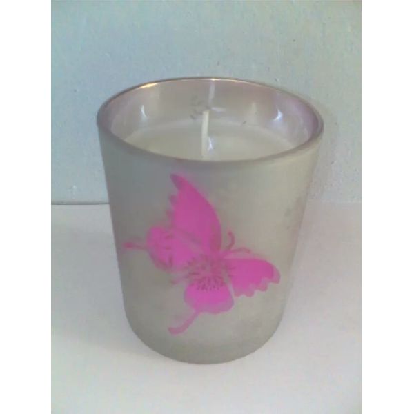 Home decor unscented glass candle printed by  pink butterfly and flower decoration