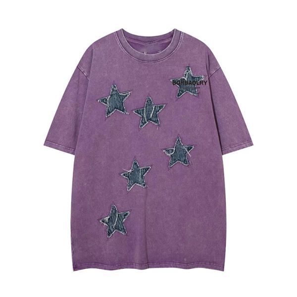 Custom High Quality Streetwear Crew Neck Tshirt Applique Patches Embroidery Acid Washed Vintage Tshirt
