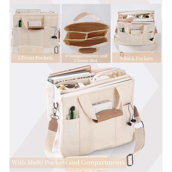 Canvas Tote Bag with Multi Pockets Crossbody Tote Bag for Women Trendy Shoulder Handbag Everything Tote Bag with Compart