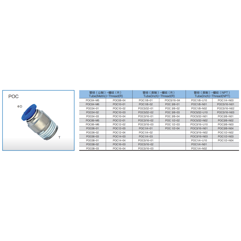 POC Pneumatic Air Fitting Brass Nickel Plate One - Touch Round tube fittings