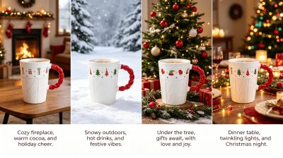 Christmas Ceramic Mugs Set of 4, Festive Twist Handle Coffee Cups for Holiday Hot Chocolate, Tea & Beverages