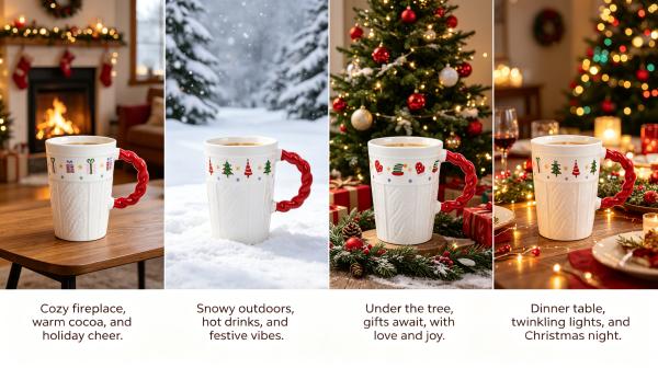 Christmas Ceramic Mugs Set of 4, Festive Twist Handle Coffee Cups for Holiday Hot Chocolate, Tea & Beverages