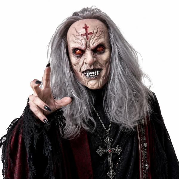 Scary Demonic Elder Zombie Latex Full Head Mask with Gray Hair Wrinkled Rotting Skin Red Glowing Eyes Sharp Horror Teeth Realistic Horror Costume Prop for Halloween Cosplay Party Haunted House
